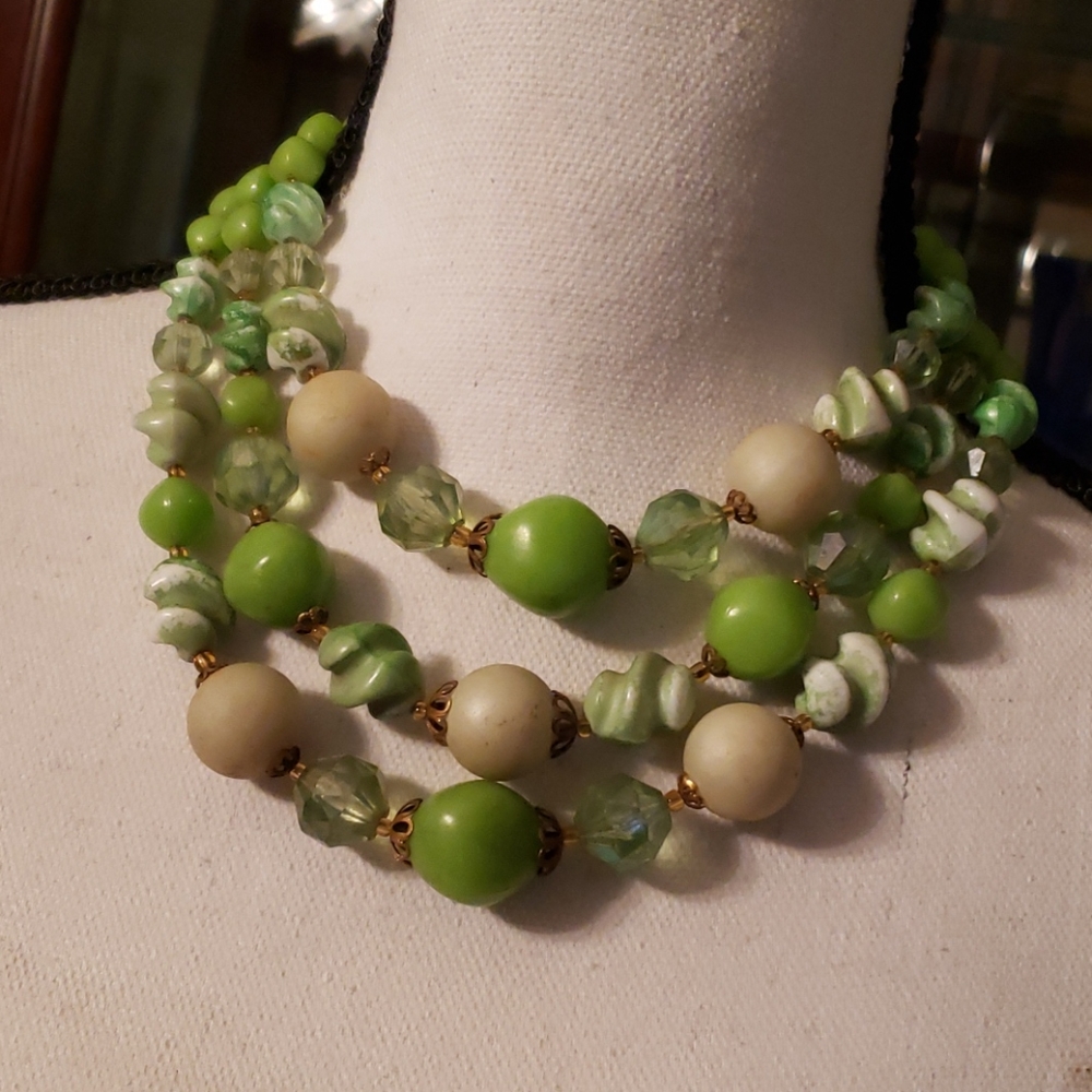Vintage 3 Strand Green Beads Necklace Germany